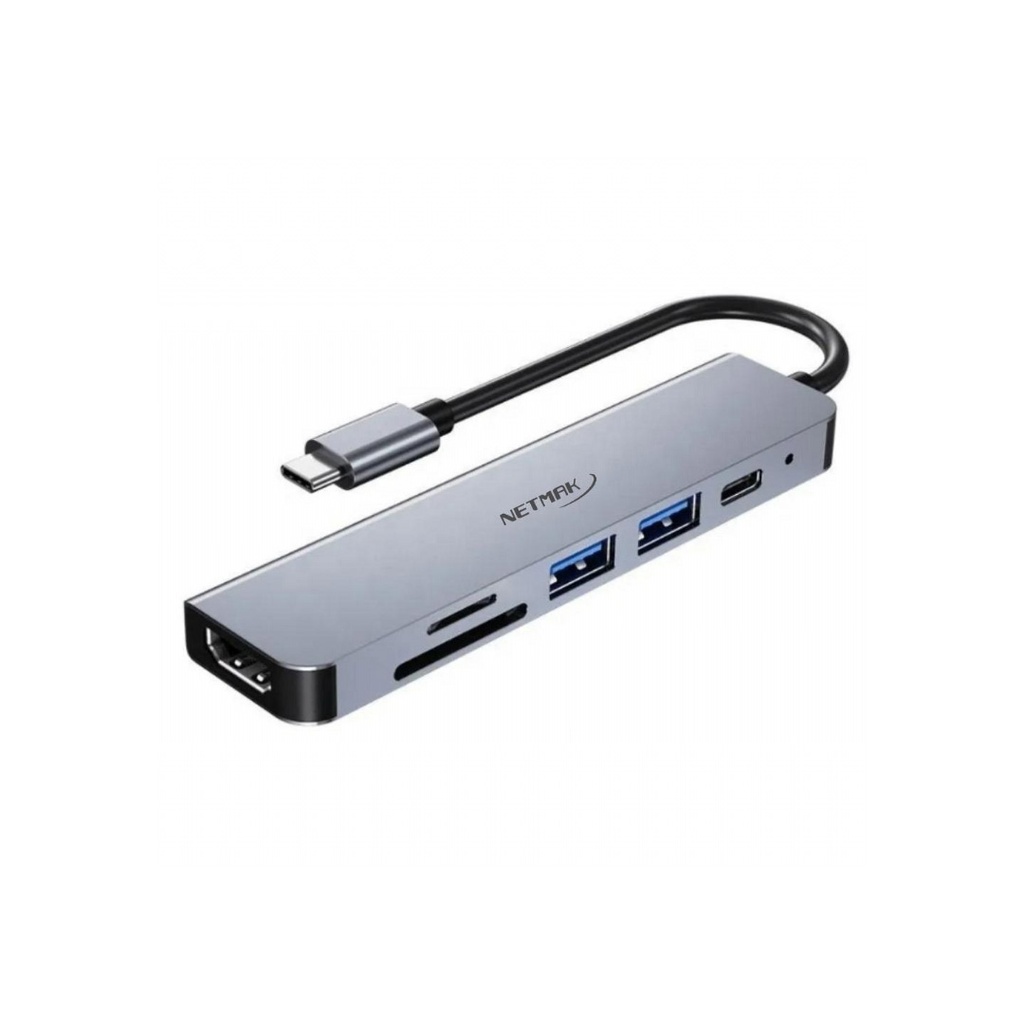 Hub adaptador Netmak USB-C (M) a doble puerto USB-A 3.0+USB-C (H)+lector SD y micro+HDMI (H) (NM-6EN1)