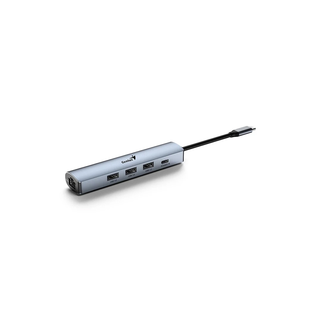 Hub adaptador Genius USB-C (M) a puerto RJ45 + 3 puertos USB 3.0 (H) + puerto USB-C de carga 5V 3A (UH-545 IRON GREY)