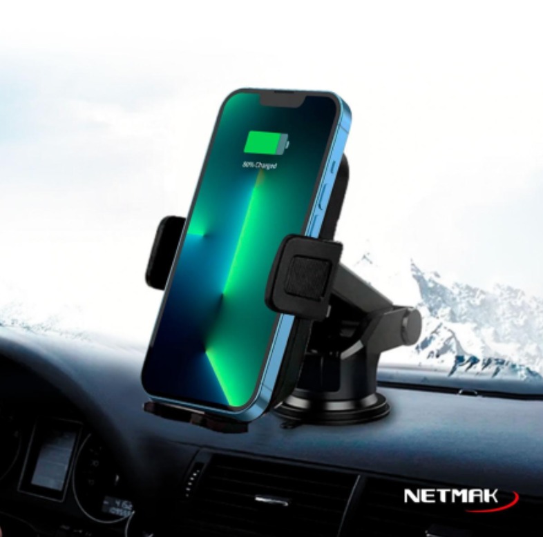Soporte Celular Brazo Extensible Qi Fast Charge 15W Se adhiere a Parabrisas y Tableros (NM-HC42)